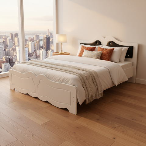 White Wooden Double Bed 150x190cm in Modern UAE Apartment with City View | Infini Homes