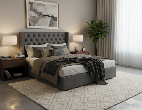 Grey Wooden Bed with Tall Upholstered Headboard 120×200cm | UAE Furniture | Dubai Abu Dhabi Sharjah