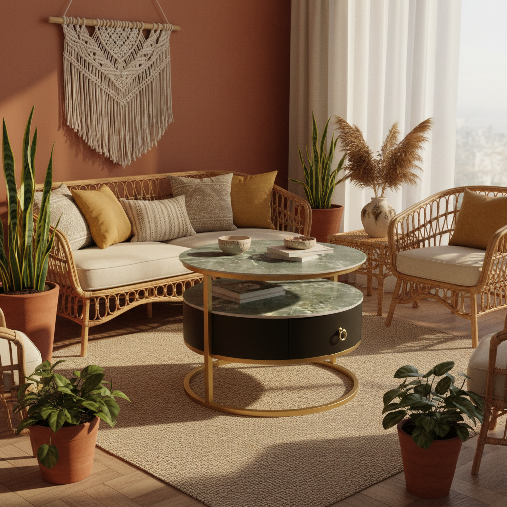 Sintered Stone Coffee Table Set (1+1) | Green & Gold | IH 9001