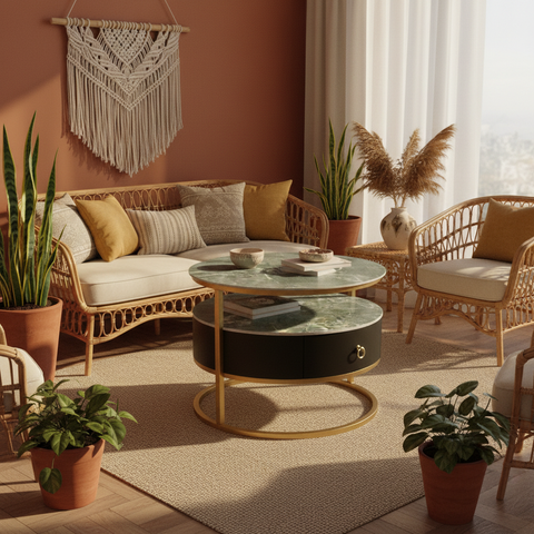 Sintered Stone Coffee Table Set (1+1) | Green & Gold | IH 9001