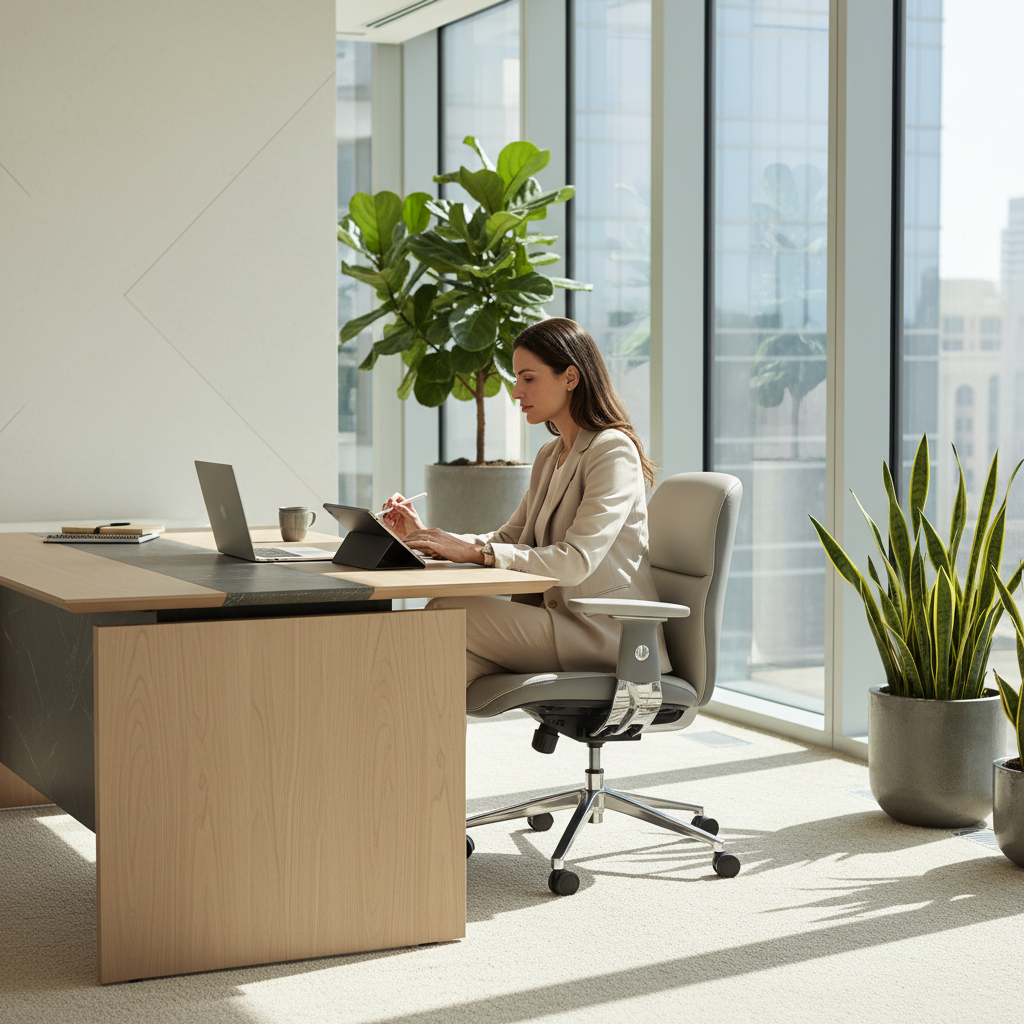 Premium PU High Back Office Chair Beige & Grey | Ergonomic Executive Chair UAE