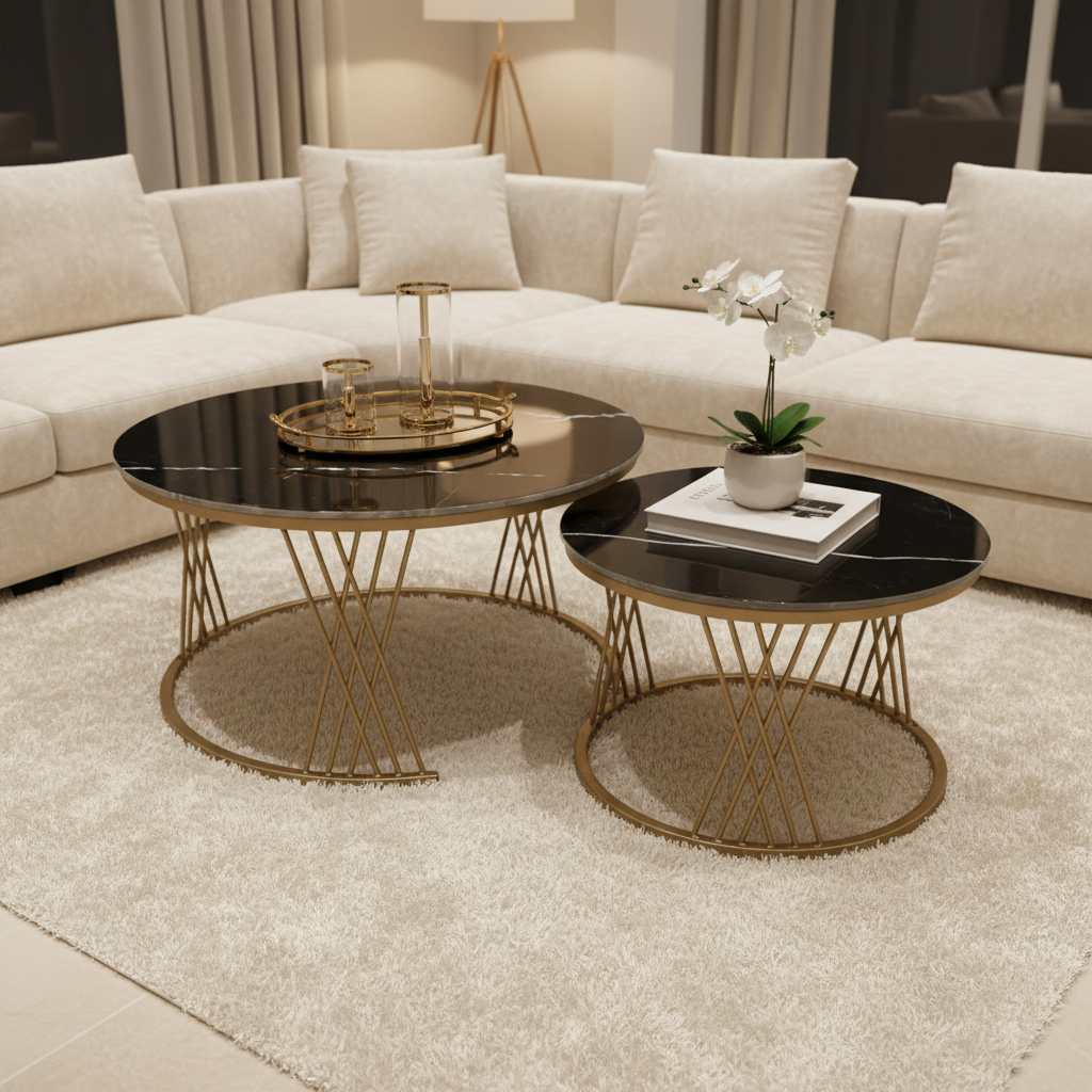 Sintered Stone Coffee Table Set (1+1) | IH 2501 | Black Top & Golden Base