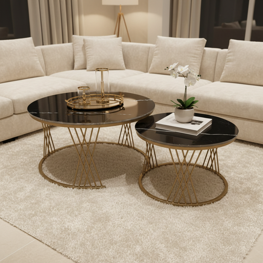 Sintered Stone Coffee Table Set (1+1) | IH 2501 | Black Top & Golden Base