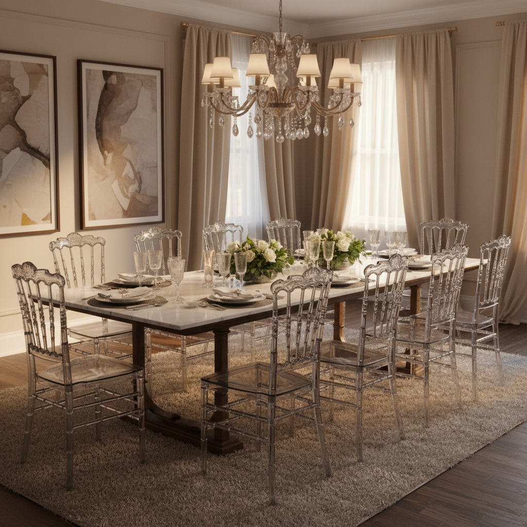 Crystal Napoleon Chair in Modern Dubai Dining Room – Luxury Transparent Acrylic Seating UAE