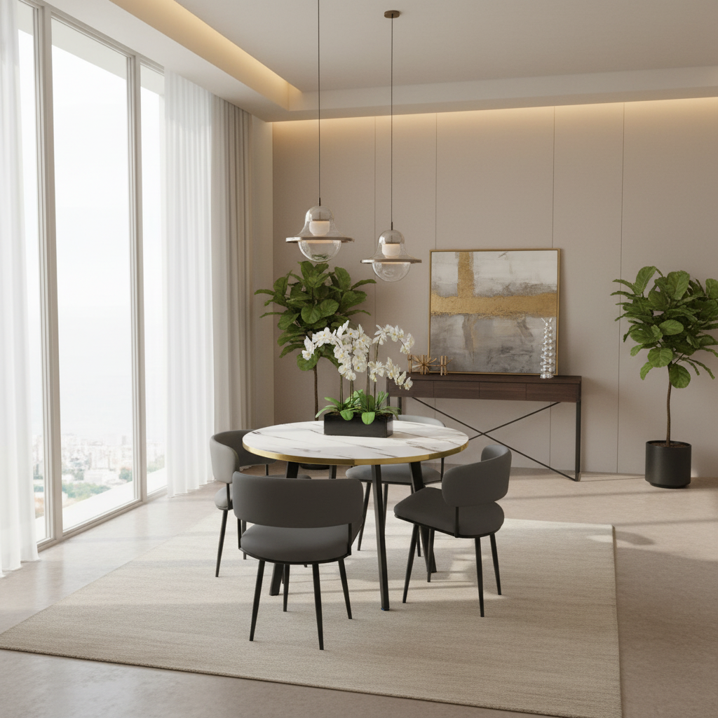 Round Marble Dining Table Set for 4 with Brown Leather Chairs and Gold Accents - Dining Furniture UAE
