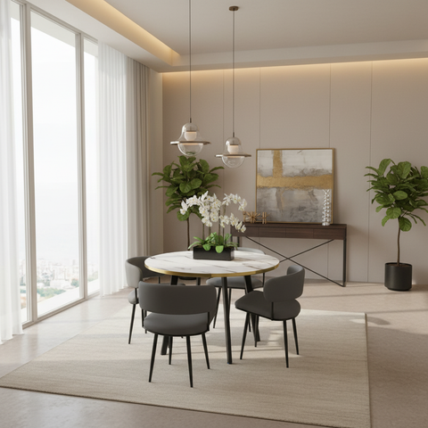 Round Marble Dining Table Set for 4 with Brown Leather Chairs and Gold Accents - Dining Furniture UAE