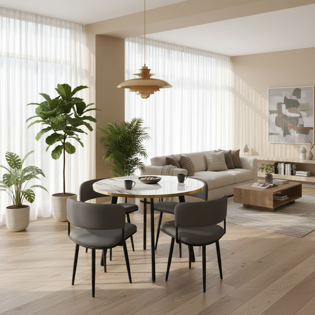 Round Marble Top Dining Table with 4 Grey Upholstered Chairs - Modern Dining Set UAE