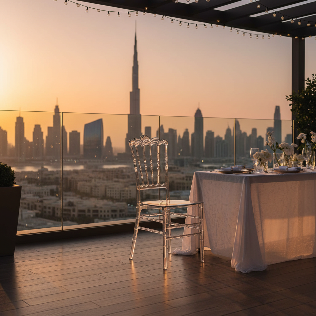 Crystal Napoleon Chair on Dubai Rooftop Terrace with Burj Khalifa View – Luxury Outdoor Seating UAE