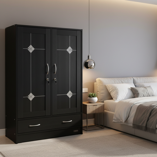 Black Double-Door Wardrobe with Silver Diamond Accents & Storage Drawers | Buy in UAE