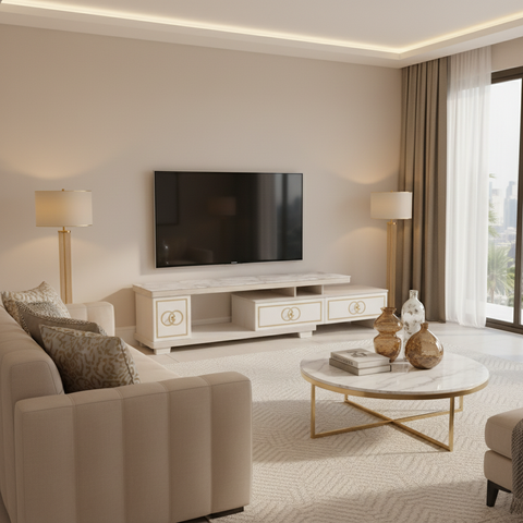 Glossy TV Stand | Premium TV Unit with Marble Top & Gold Accents – UAE