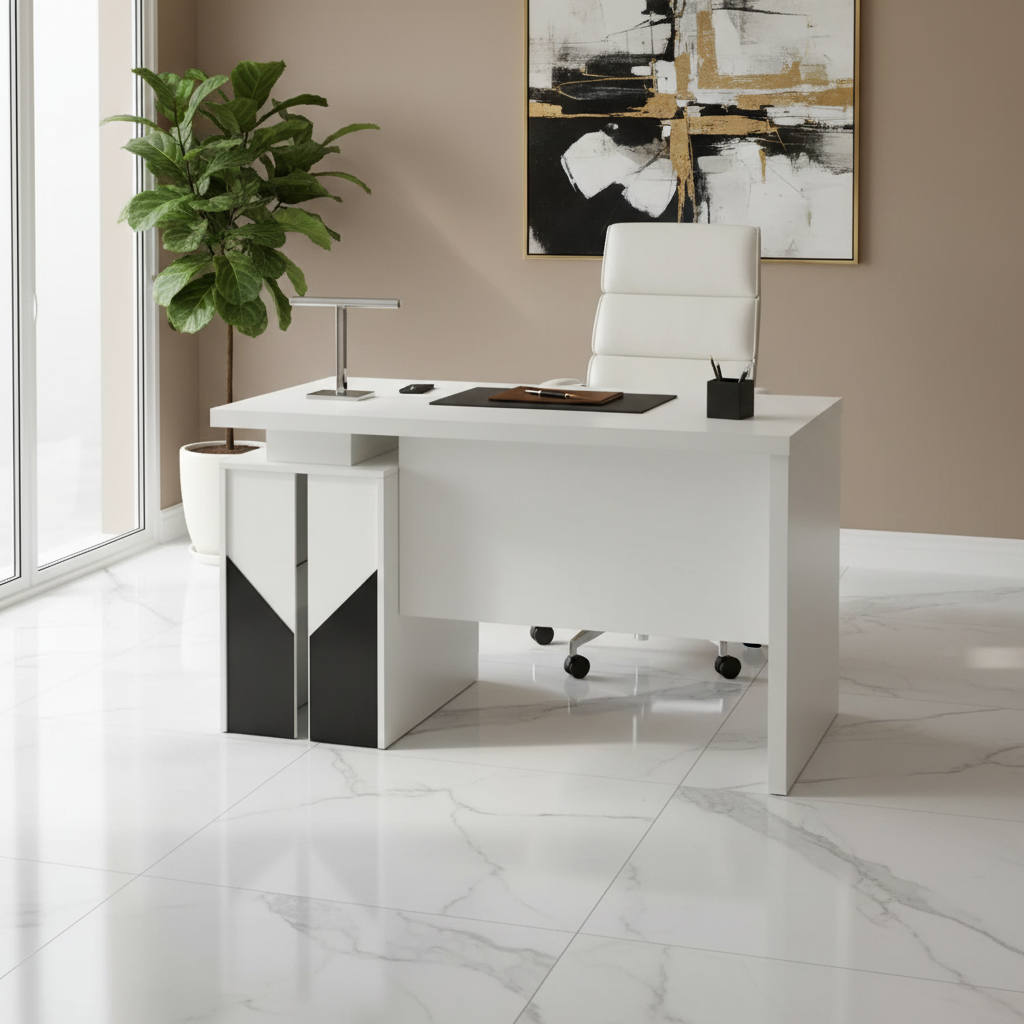 White Executive Office Desk with Marble Floor Setting – IH-L852-WHT Premium Desk UAE