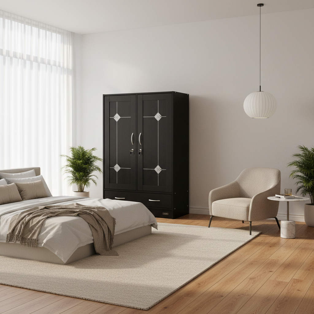 Black Double-Door Wardrobe with Silver Diamond Accents & Storage Drawers | Buy in UAE