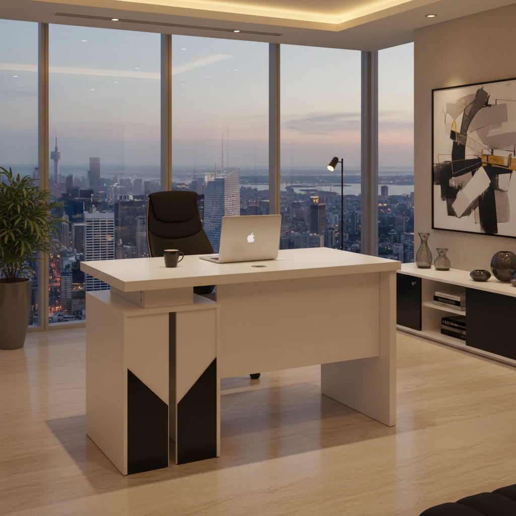 White Modern Work Desk in High-Rise Office with City View – IH-L852-WHT Office Furniture UAE
