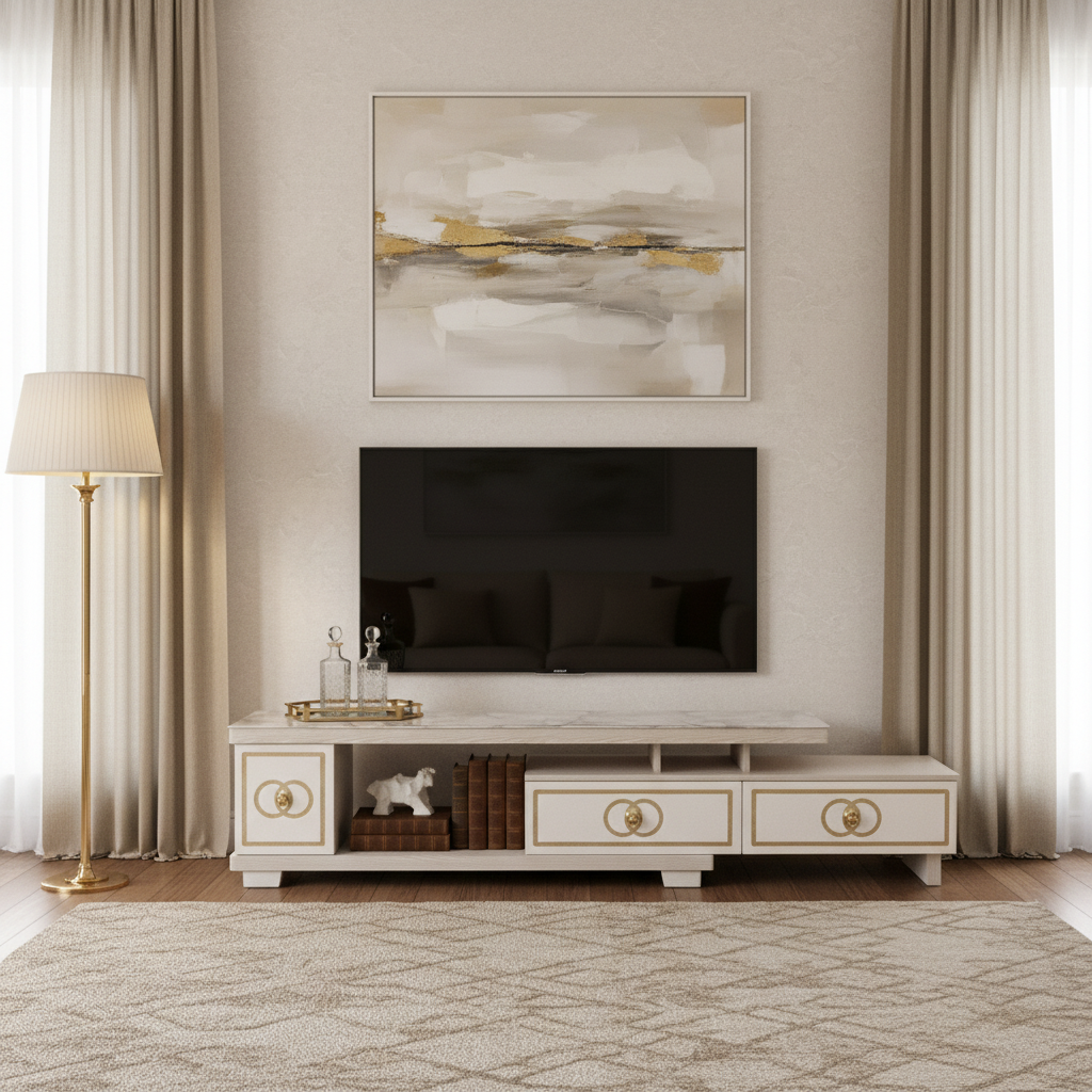 Glossy TV Stand | Premium TV Unit with Marble Top & Gold Accents – UAE