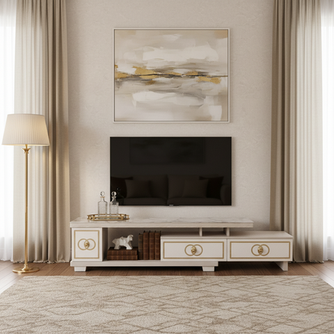 Glossy TV Stand | Premium TV Unit with Marble Top & Gold Accents – UAE