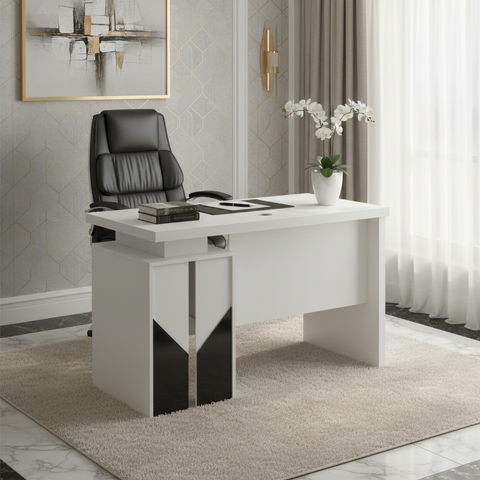 White Modern Office Desk with Black Accent Base in Luxury Home Office – IH-L852-WHT UAE