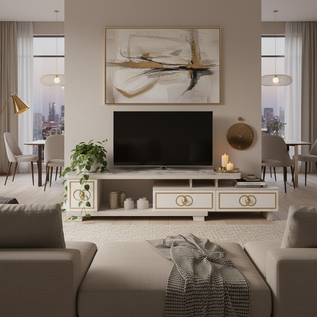 Glossy TV Stand | Premium TV Unit with Marble Top & Gold Accents – UAE