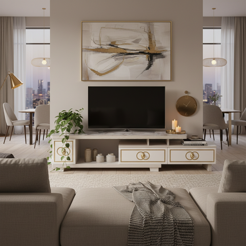Glossy TV Stand | Premium TV Unit with Marble Top & Gold Accents – UAE