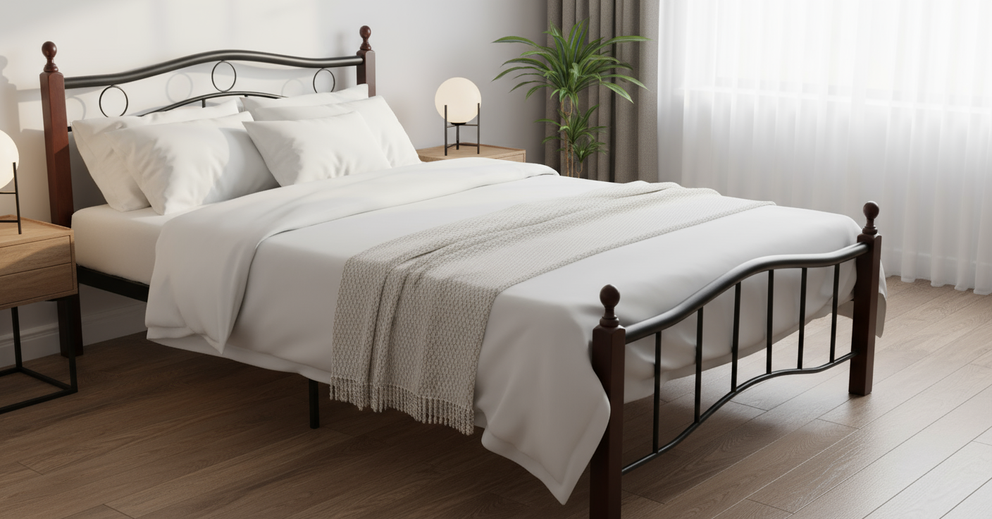 Heavy Duty Wooden Steel Bed Frame Mahogany - Twin Size 190x120x70cm | UAE Delivery