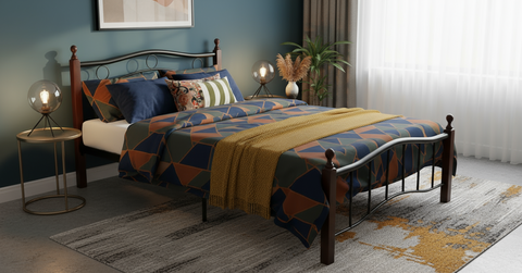 Heavy Duty Wooden Steel Bed Frame Mahogany - Twin Size 190x120x70cm | UAE Delivery