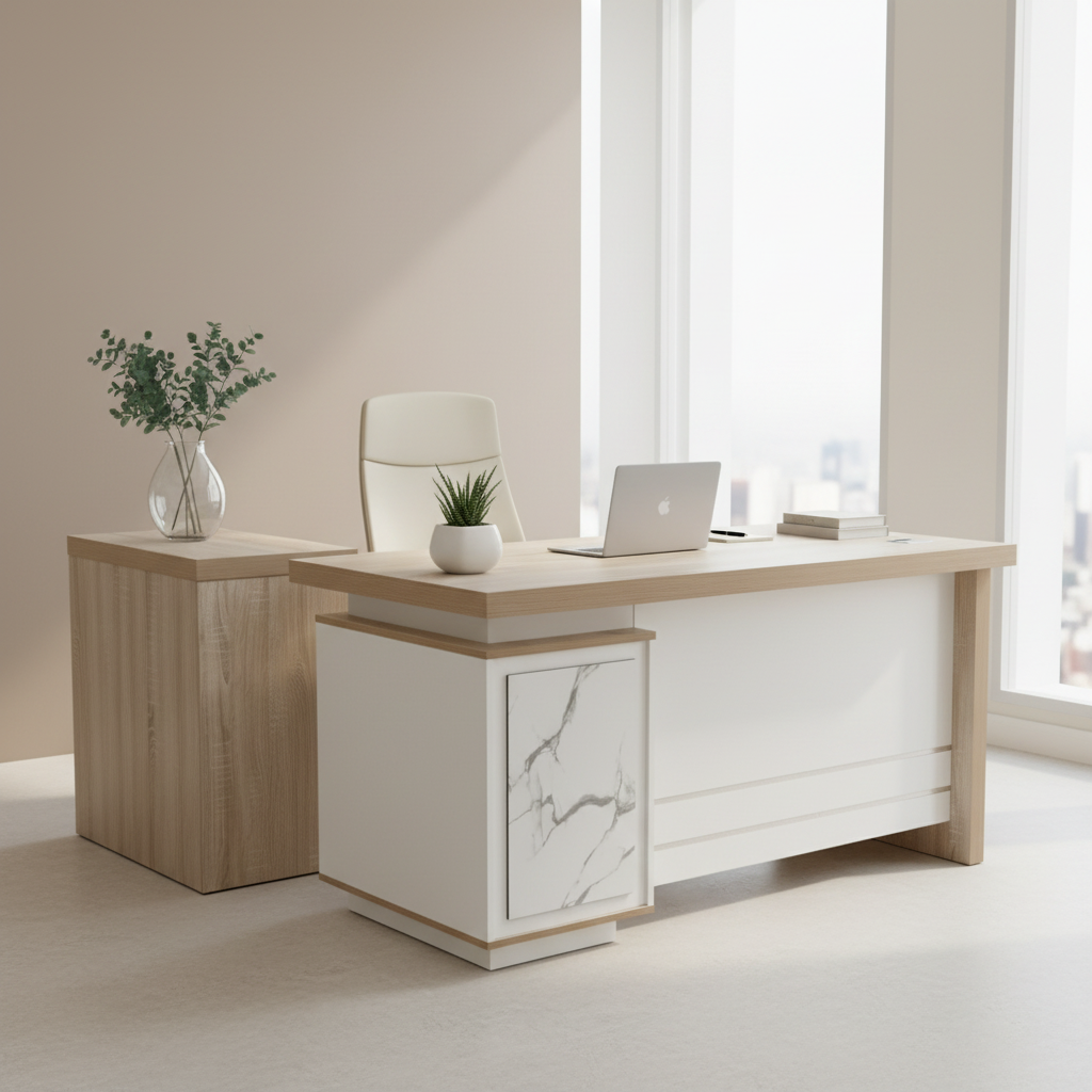 L-Shape Office Desk Beech & White | 140×70×75 cm | IH-2014-L
