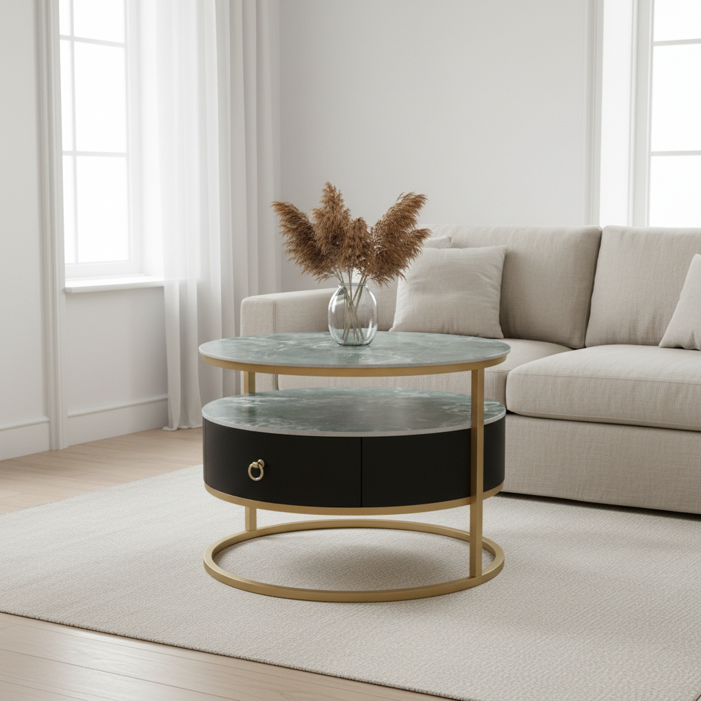 Sintered Stone Coffee Table Set (1+1) | Green & Gold | IH 9001