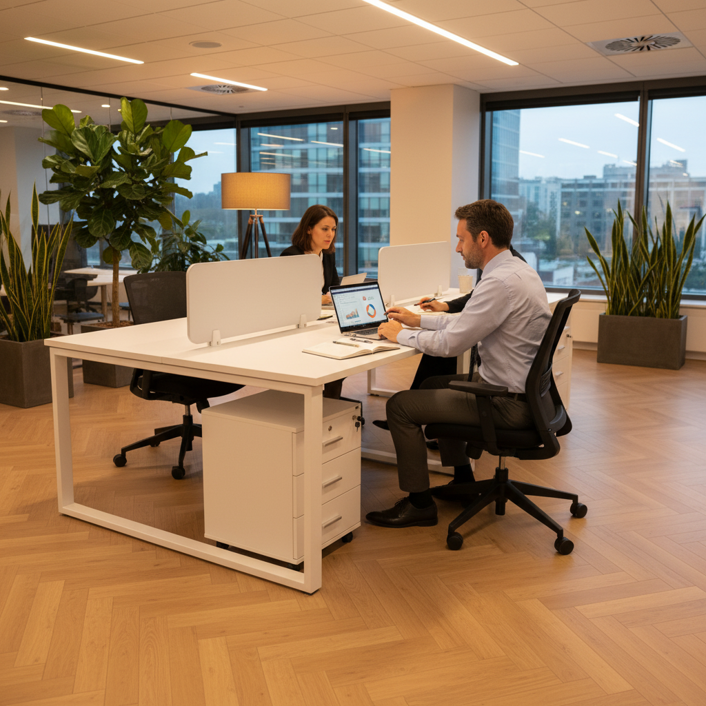 Four Person Office Workstation Front View – White Steel Frame with Desk Dividers and Lockable Pedestals UAE | INFINI HOMES IH 834