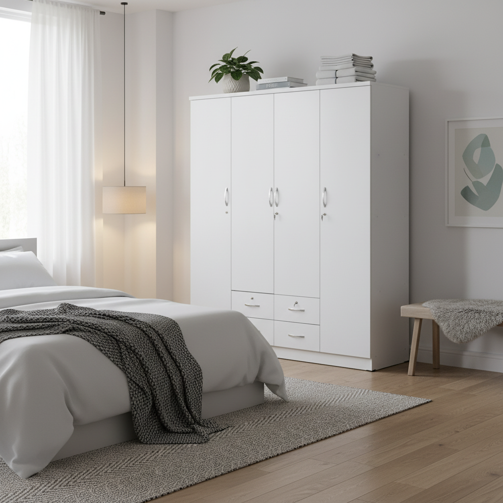 4-Door Wardrobe with Drawers | 190Hx160Wx50D cm | Premium Wooden Wardrobe UAE