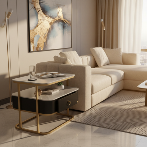 Sintered Stone Coffee Table Set (1+1) | Grey & Gold | IH 9004