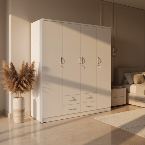 4-Door Wardrobe with Drawers | 190Hx160Wx50D cm | Premium Wooden Wardrobe UAE