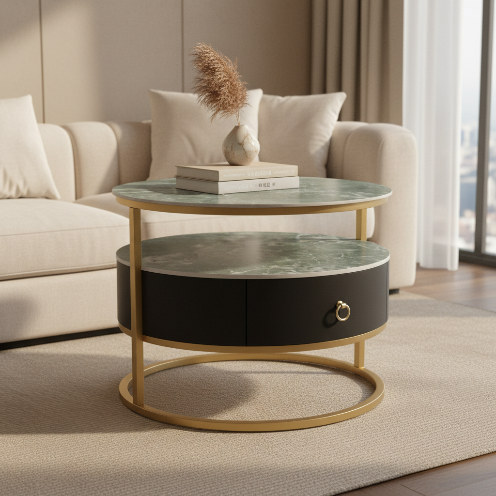 Sintered Stone Coffee Table Set (1+1) | Green & Gold | IH 9001