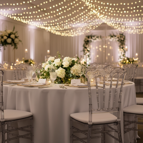 Crystal Napoleon Chair at Luxury Wedding Venue in UAE – Clear Acrylic Event Seating