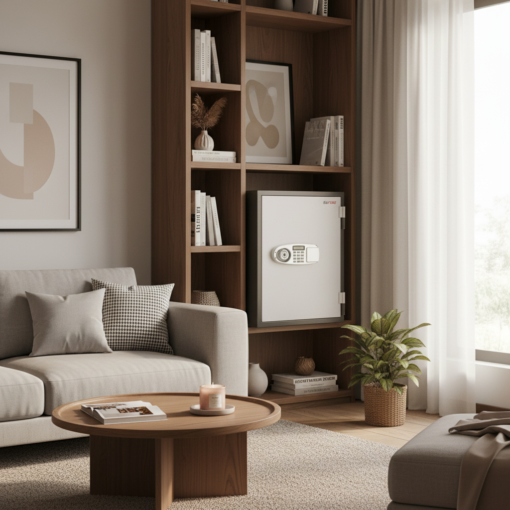 SAFIRE FR 40 Fire Resistant Safe with Digital & Key Lock displayed in modern UAE living room bookshelf – 60-Min Fire Protection | INFINI HOMES