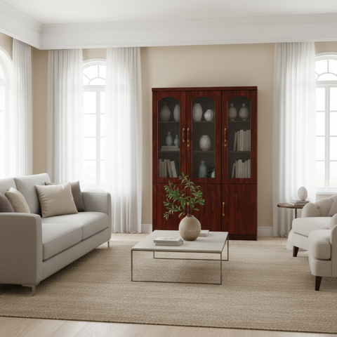 Walnut Book Cabinet with Glass Doors in Modern Living Room UAE | Display Storage Cabinet Dubai