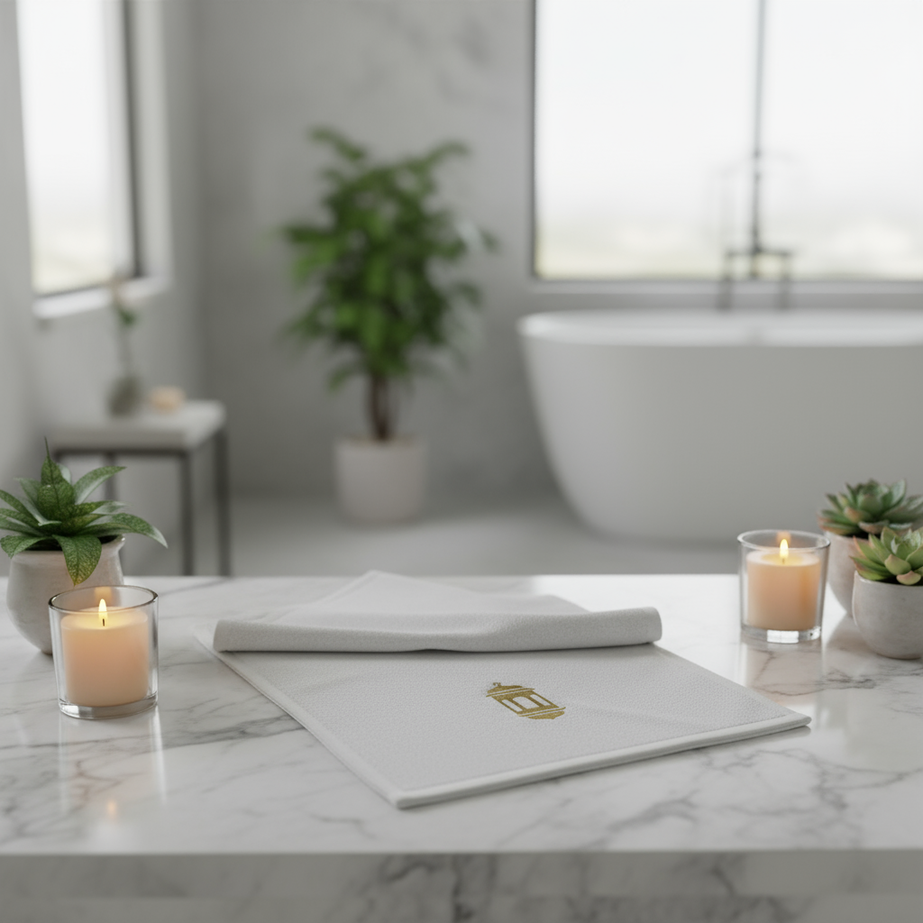 Luxurious bathroom setting showcasing premium iris embroidered cotton face towel - heritage design home textiles UAE