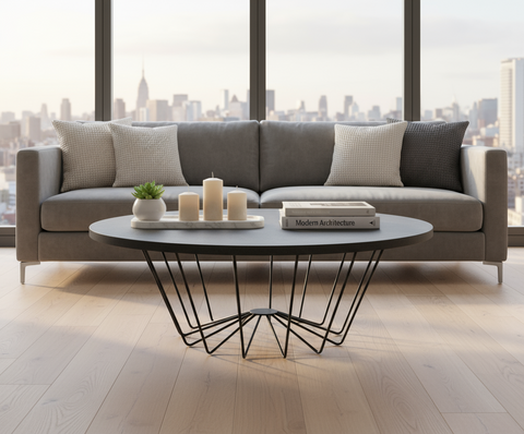 Round Decorative Table Dubai UAE - Premium Basalt Top & Black Steel Frame | INFINI HOMES