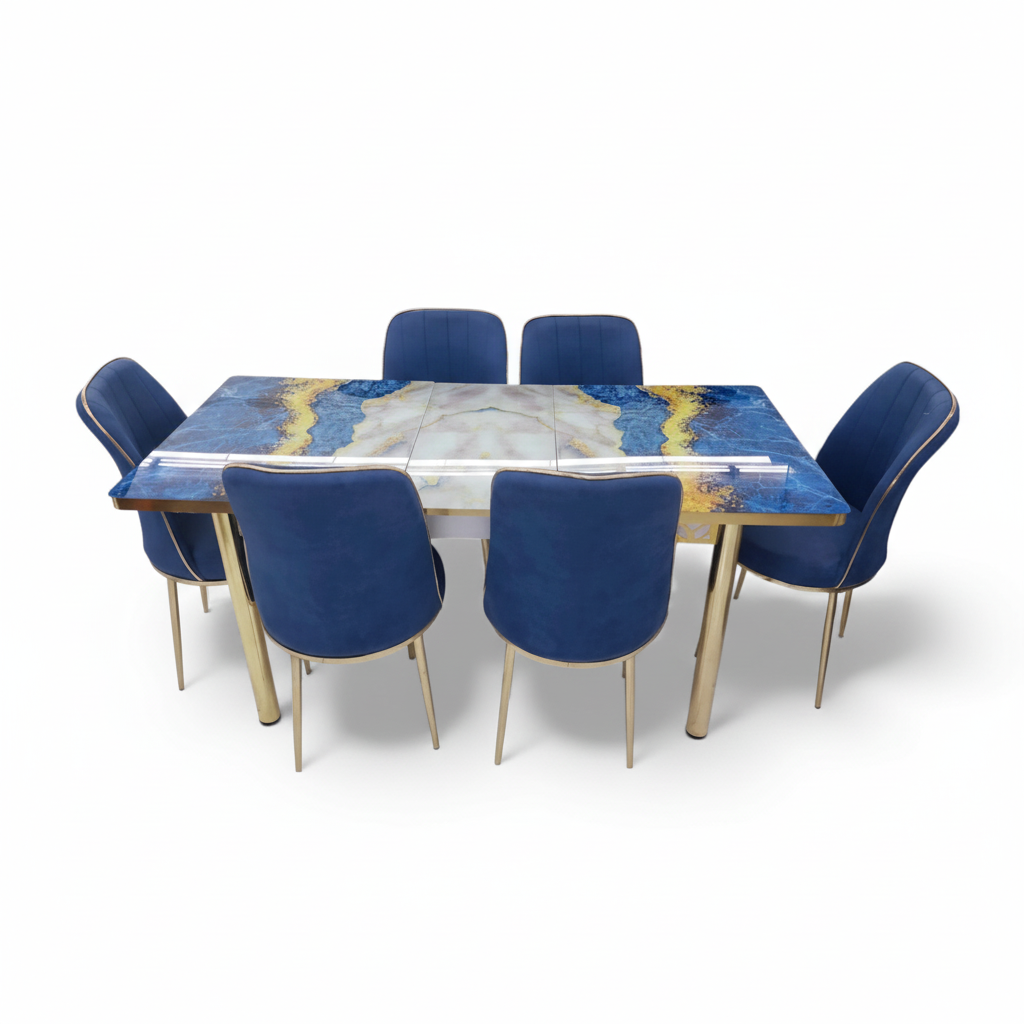 Blue and Gold Marble Dining Set 170x80cm | Luxury Dining Table UAE