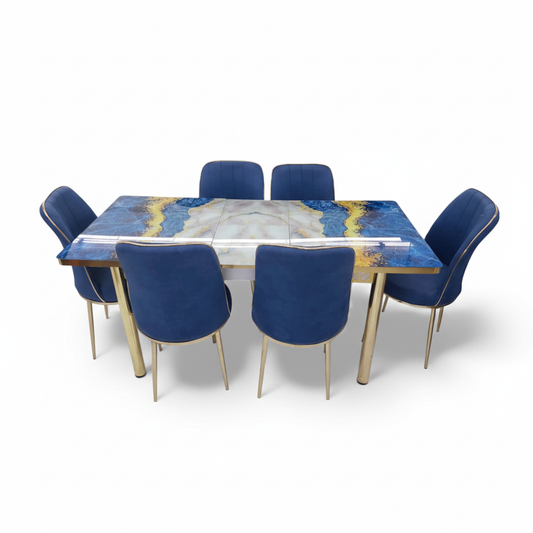 Blue and Gold Marble Dining Set 170x80cm | Luxury Dining Table UAE