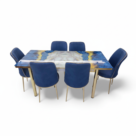 Blue and Gold Marble Dining Set 170x80cm | Luxury Dining Table UAE