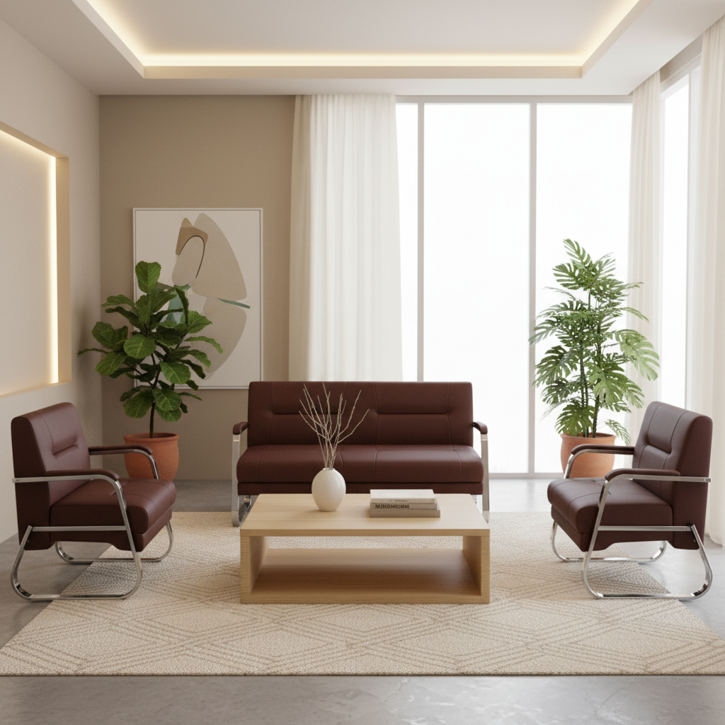 Brown PU Office Sofa Set (3+1+1) - Premium Leather Seating | IH 685