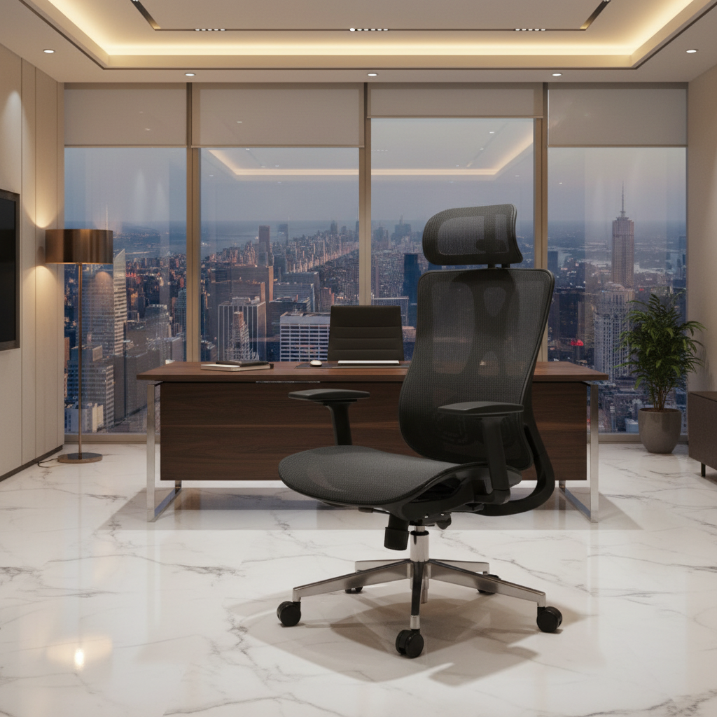 Luxury executive ergonomic office chair with headrest in premium office interior – office furniture Dubai Abu Dhabi UAE | INFINI HOMES IH A-216