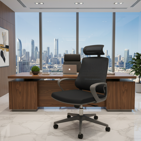 High Back Office Chair with Headrest Grey - Ergonomic Executive Chair UAE