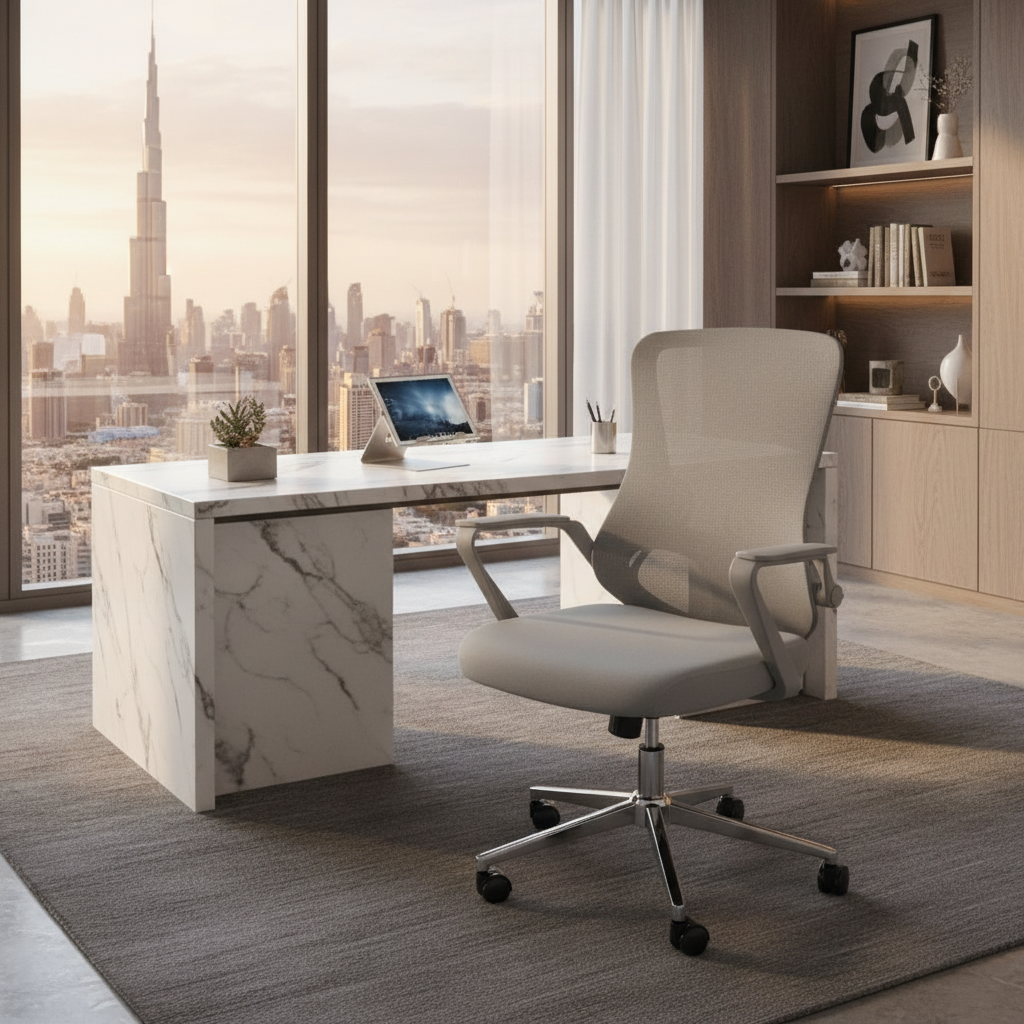 Medium Back Mesh Office Chair UAE | Ergonomic Chrome Base | Dubai Abu Dhabi | IH 1035 GRY