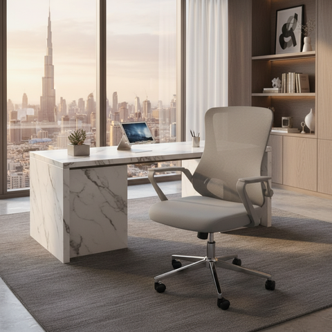 Medium Back Mesh Office Chair UAE | Ergonomic Chrome Base | Dubai Abu Dhabi | IH 1035 GRY