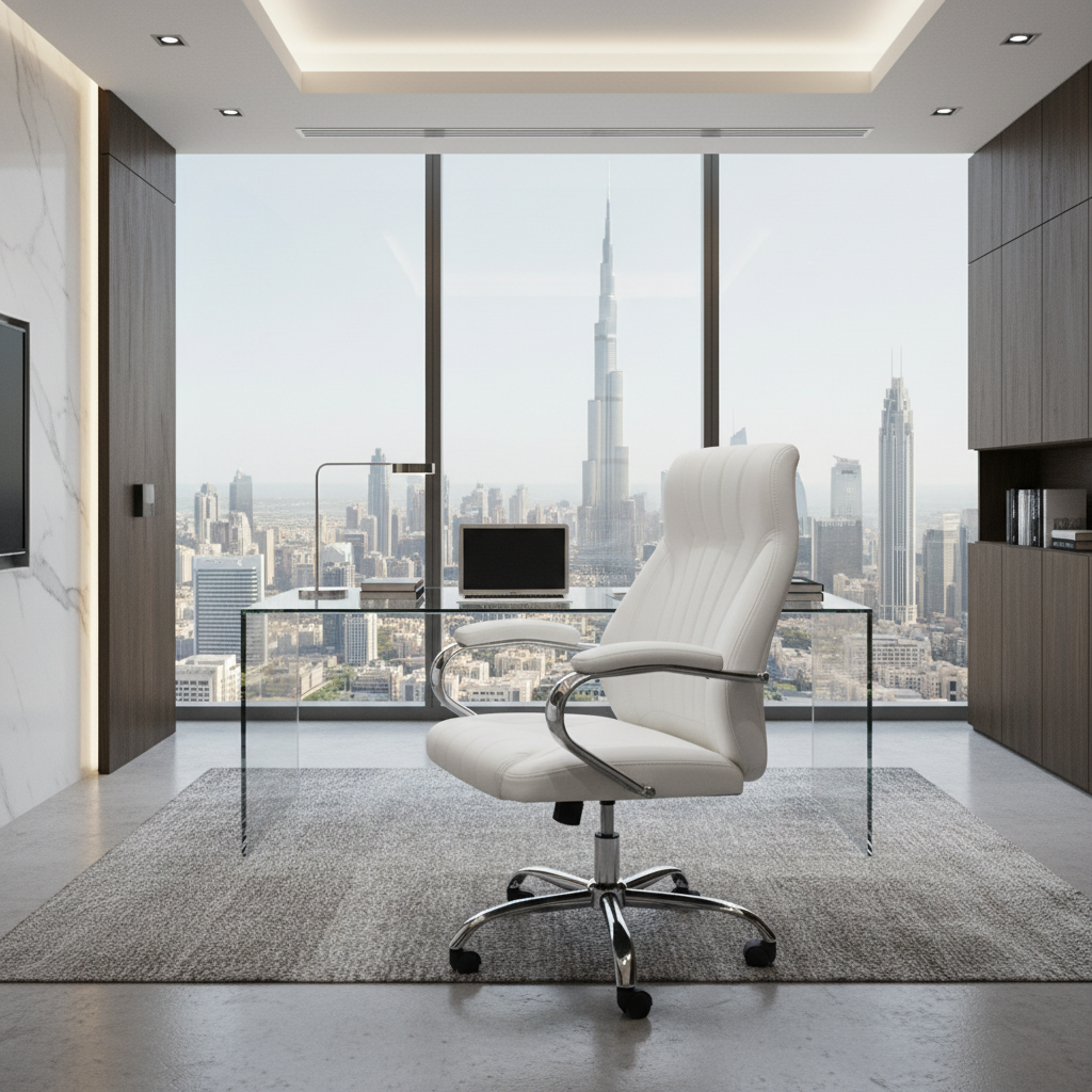 High Back Executive White Office Chair PU Leather - Ergonomic Desk Chair Dubai UAE | IH 923