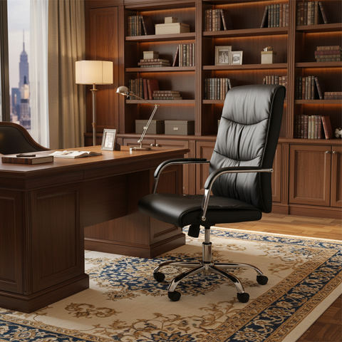 Black executive office chair IH-107 in premium wood-panelled home office setup – available in UAE