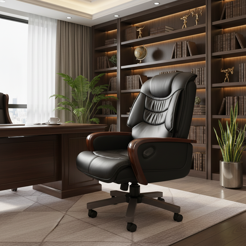 Executive Manager Office Chair Black - PU Leather Recliner with Wooden Arms | UAE | IH 7026