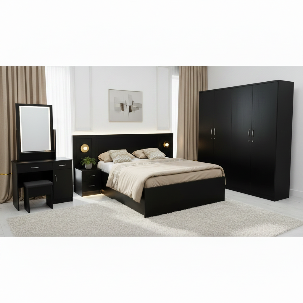 Black King Bedroom Set IH-9180 with LED Headboard & 4-Door Wardrobe | Premium Bedroom Furniture UAE