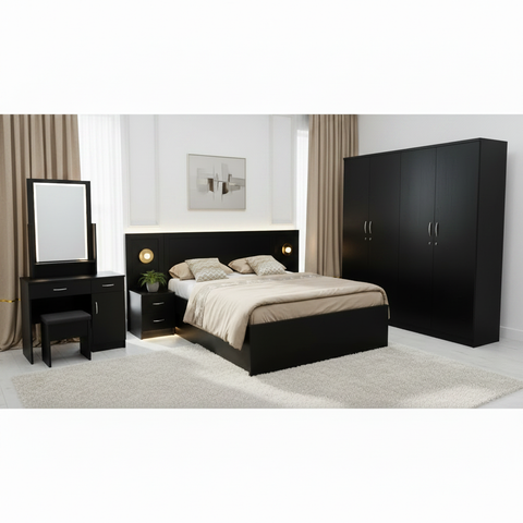 Black King Bedroom Set IH-9180 with LED Headboard & 4-Door Wardrobe | Premium Bedroom Furniture UAE