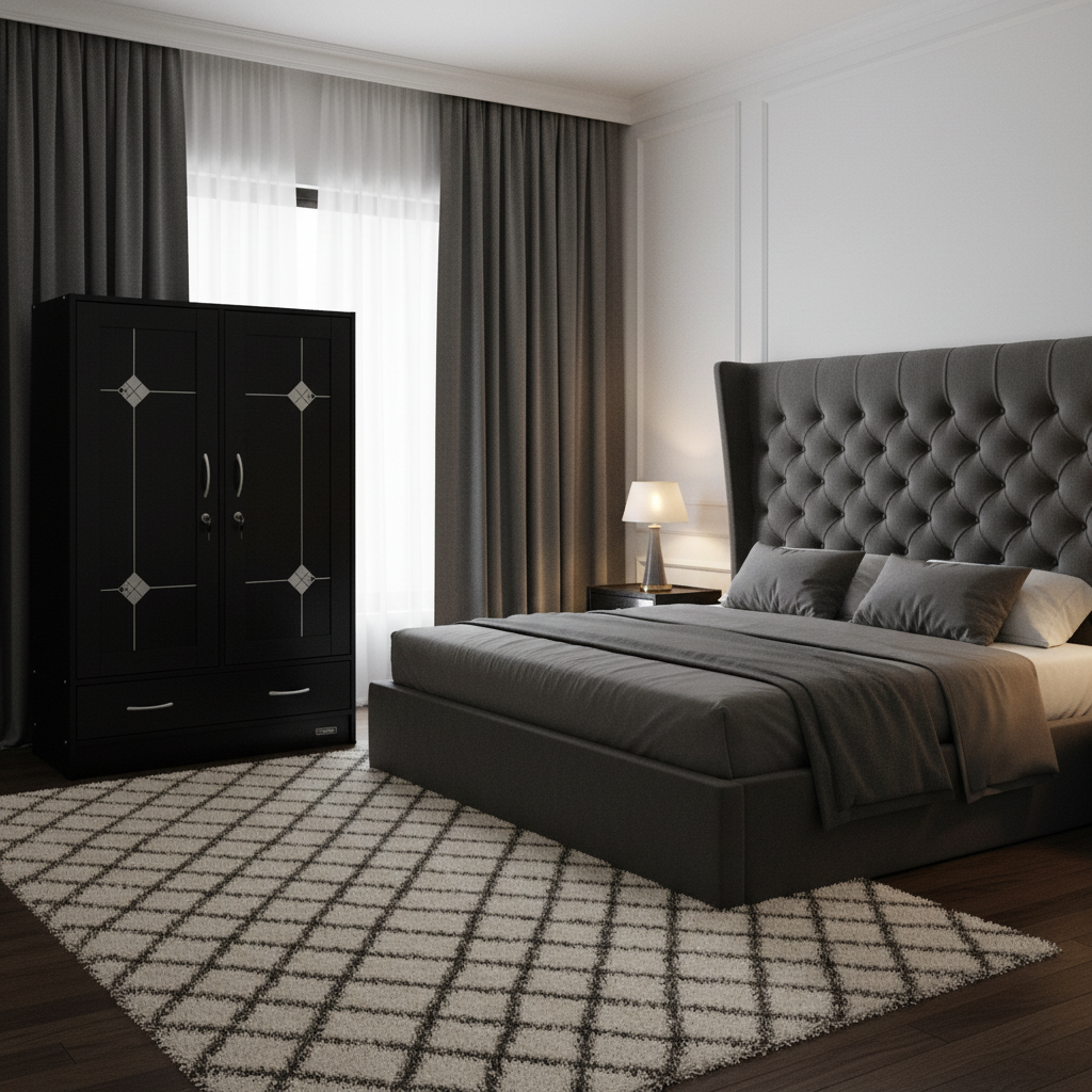 Black Double-Door Wardrobe with Silver Diamond Accents & Storage Drawers | Buy in UAE